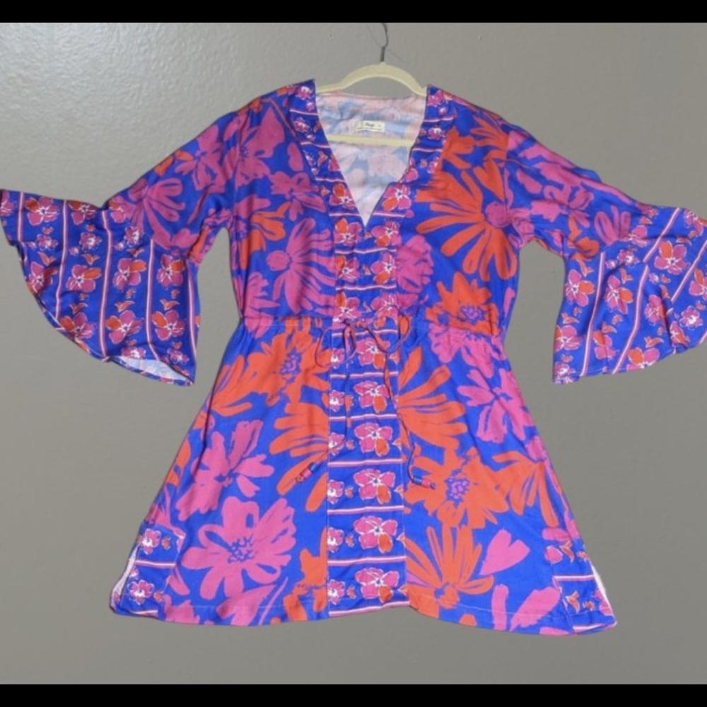 Maaji Blue and Pink Ruched Sundress with Bell Sleeves